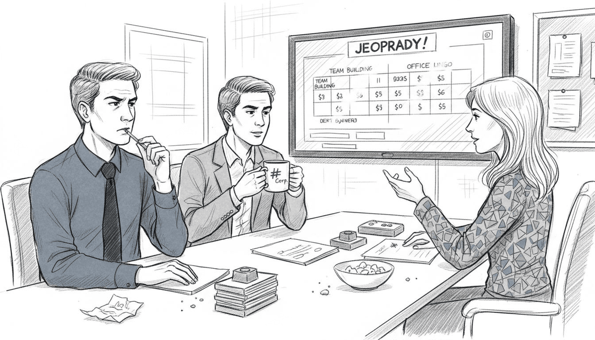 Employees playing classic TV style trivia game