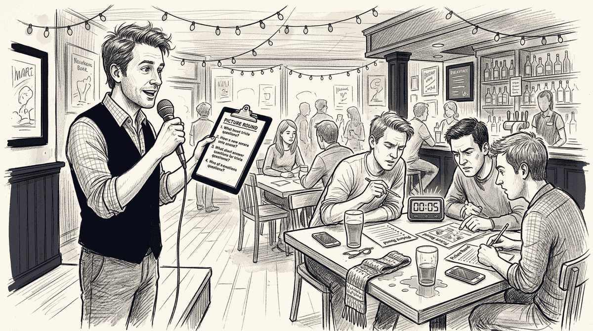 Quiz host oversees interactive trivia bar night