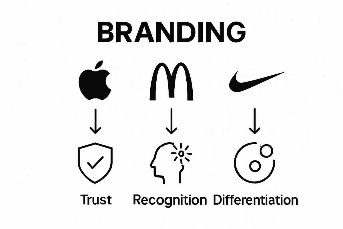 Infographic comparing trust, recognition, and differentiation as outcomes of branding