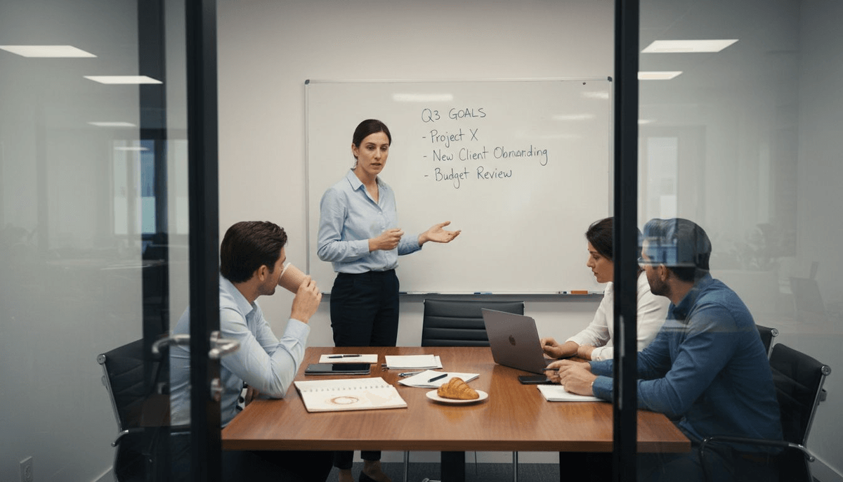 Team shares ideas in casual meeting room