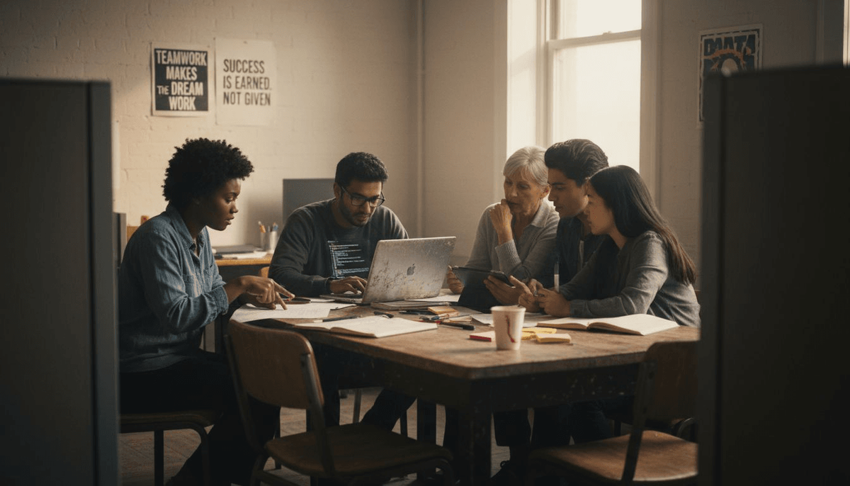 Coworkers collaborating in shared workspace