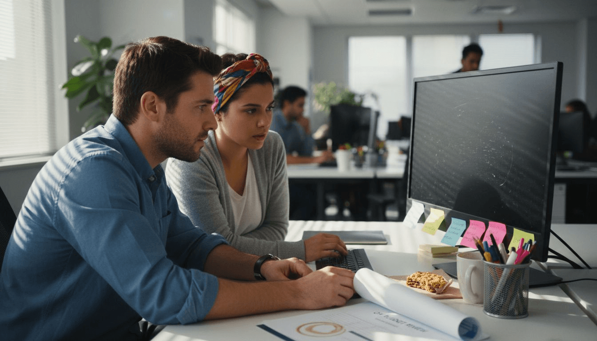 Coworkers solving issue at shared monitor