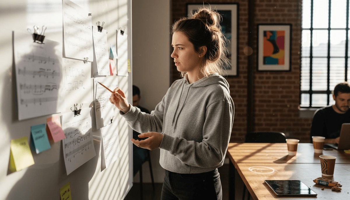 Woman analyzing artist metrics on whiteboard