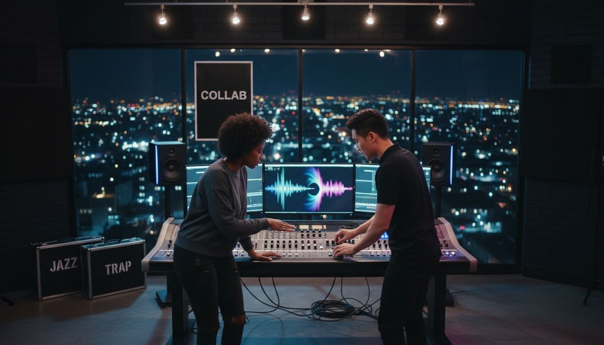 Musicians collaborating in genre-blending studio