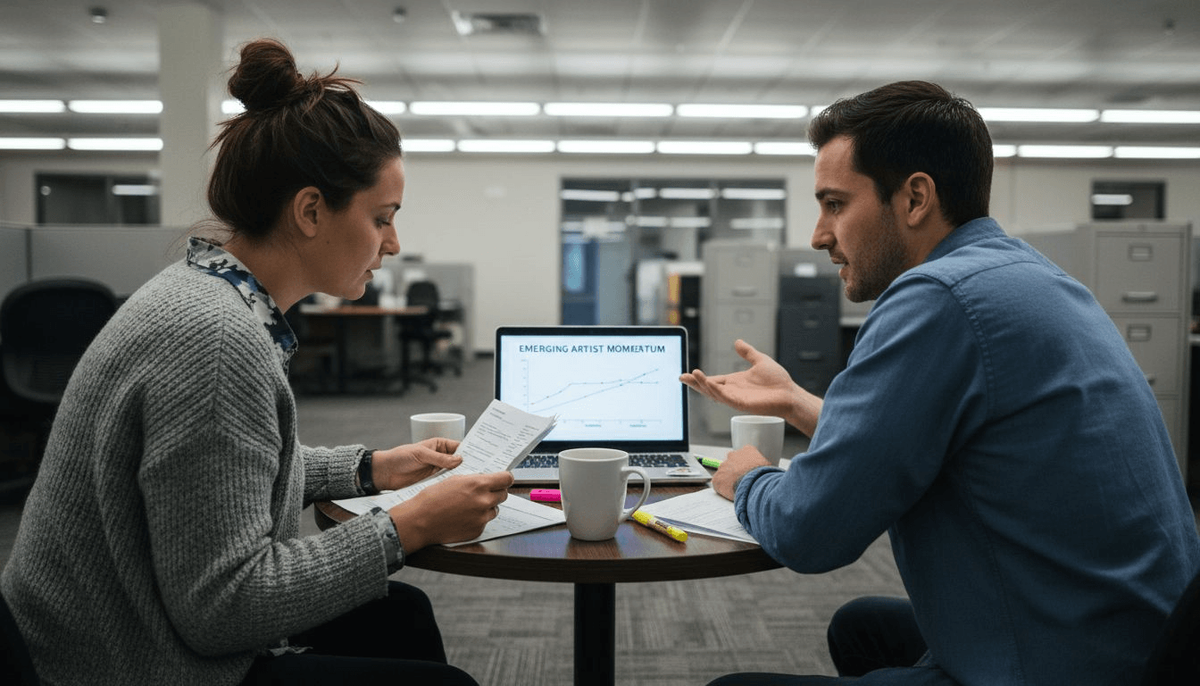 Colleagues discussing playlist data analytics