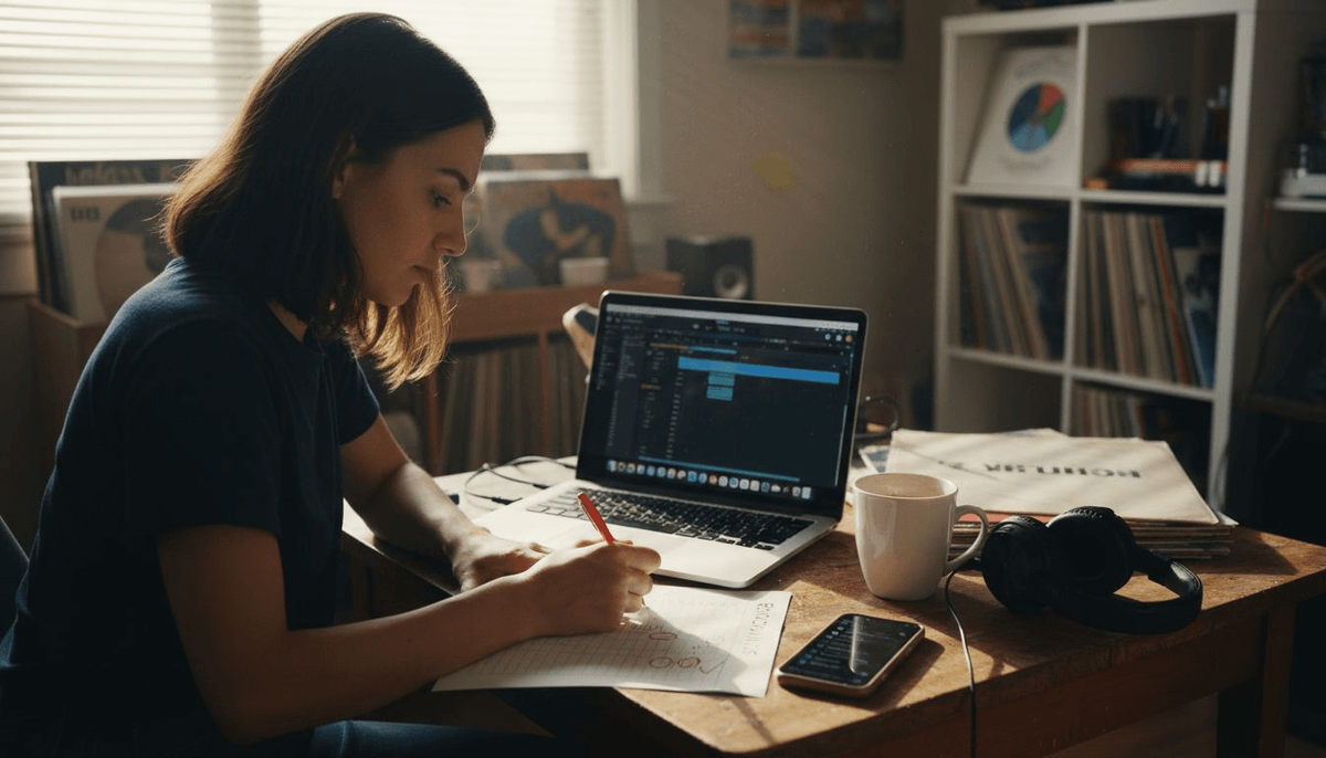 Music curator reviewing playlists in apartment