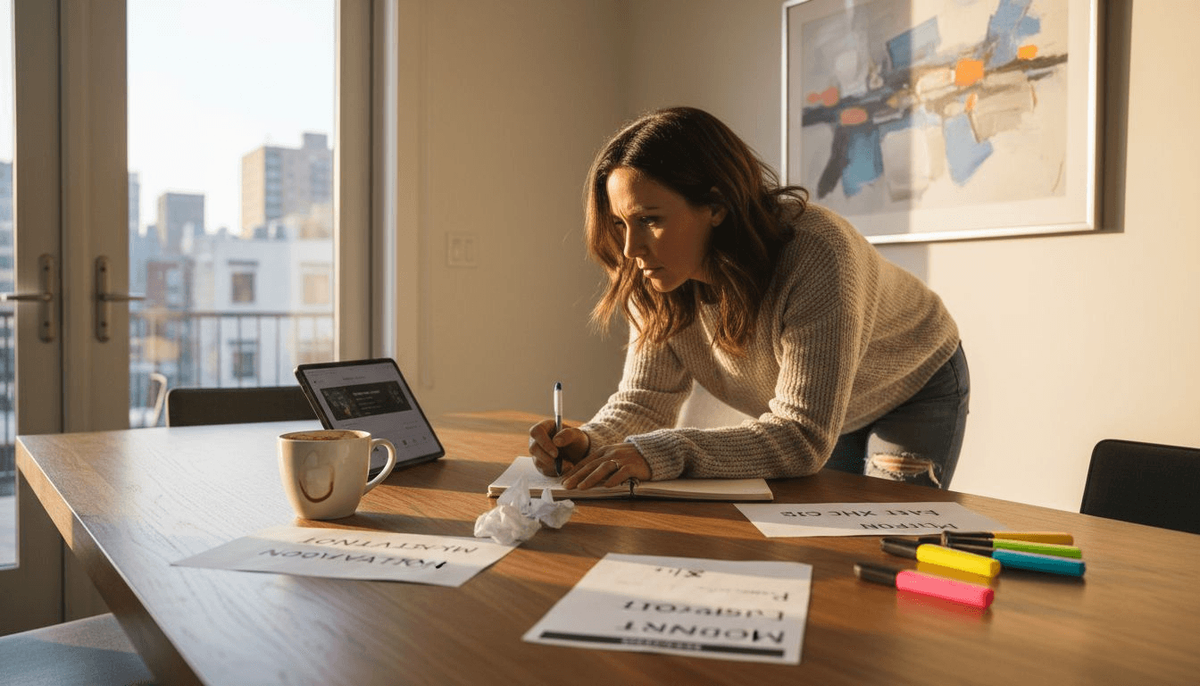 Woman analyzing private playlist data at table