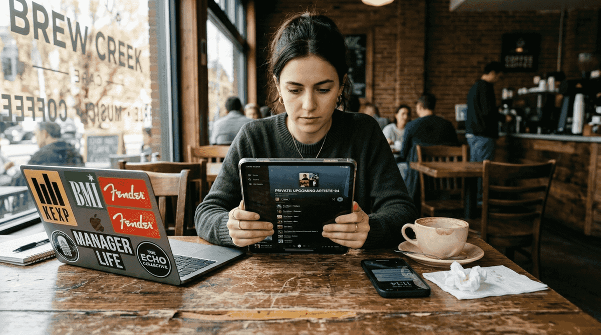 Artist manager reviewing private playlist