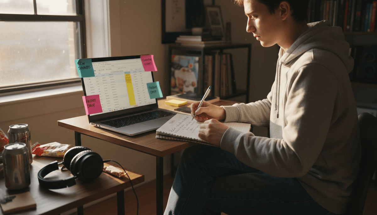 Playlist curator reviewing handwritten list