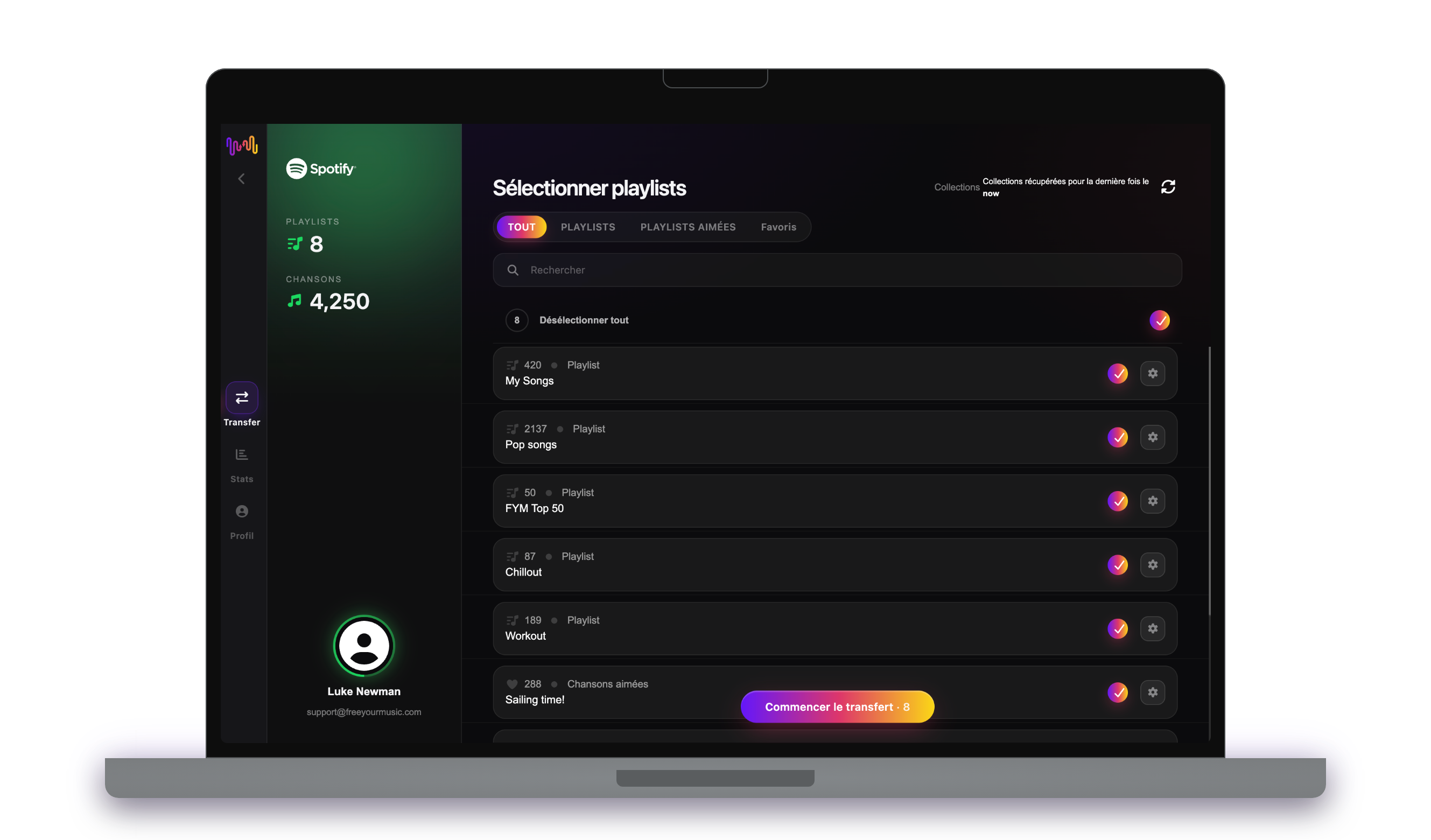 Choix des listes de lecture à transférer dans FreeYourMusic