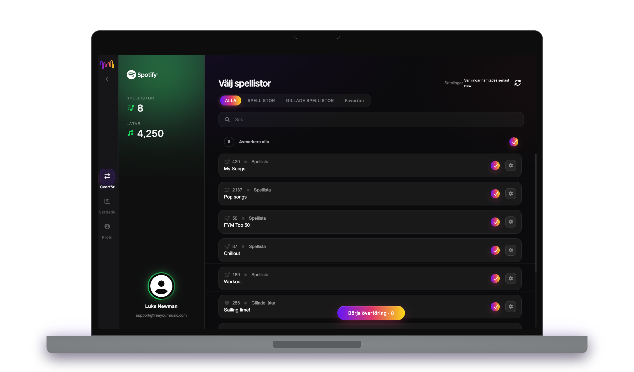 Afspeellijsten kiezen om over te zetten in FreeYourMusic