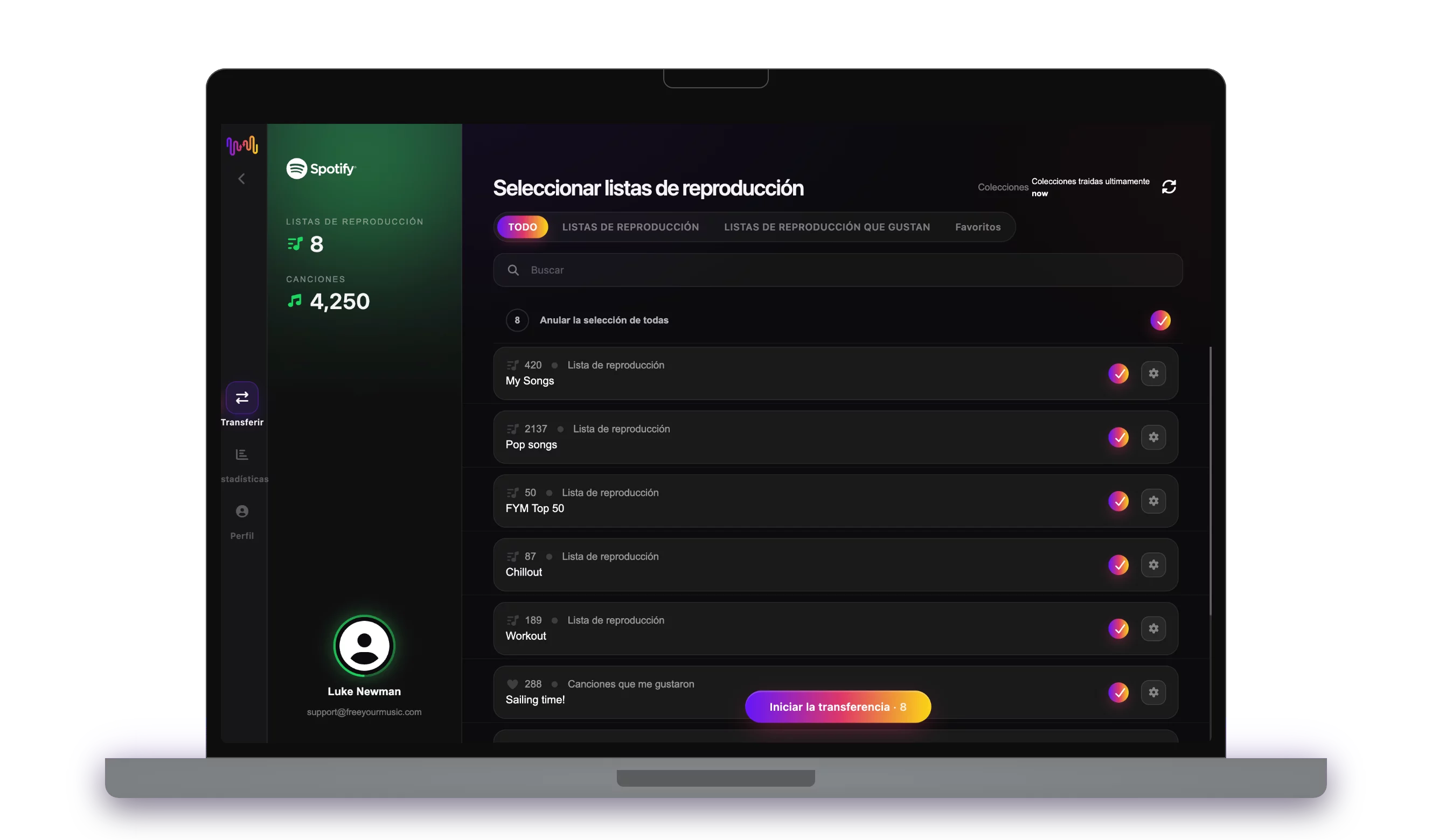 Eligiendo qué listas de reproducción transferir en FreeYourMusic