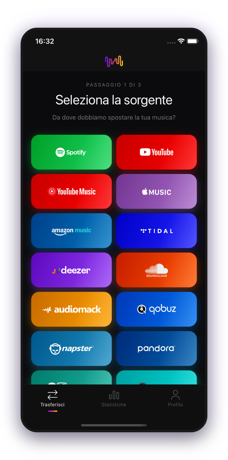 FreeYourMusic mobile — selezione dell'origine