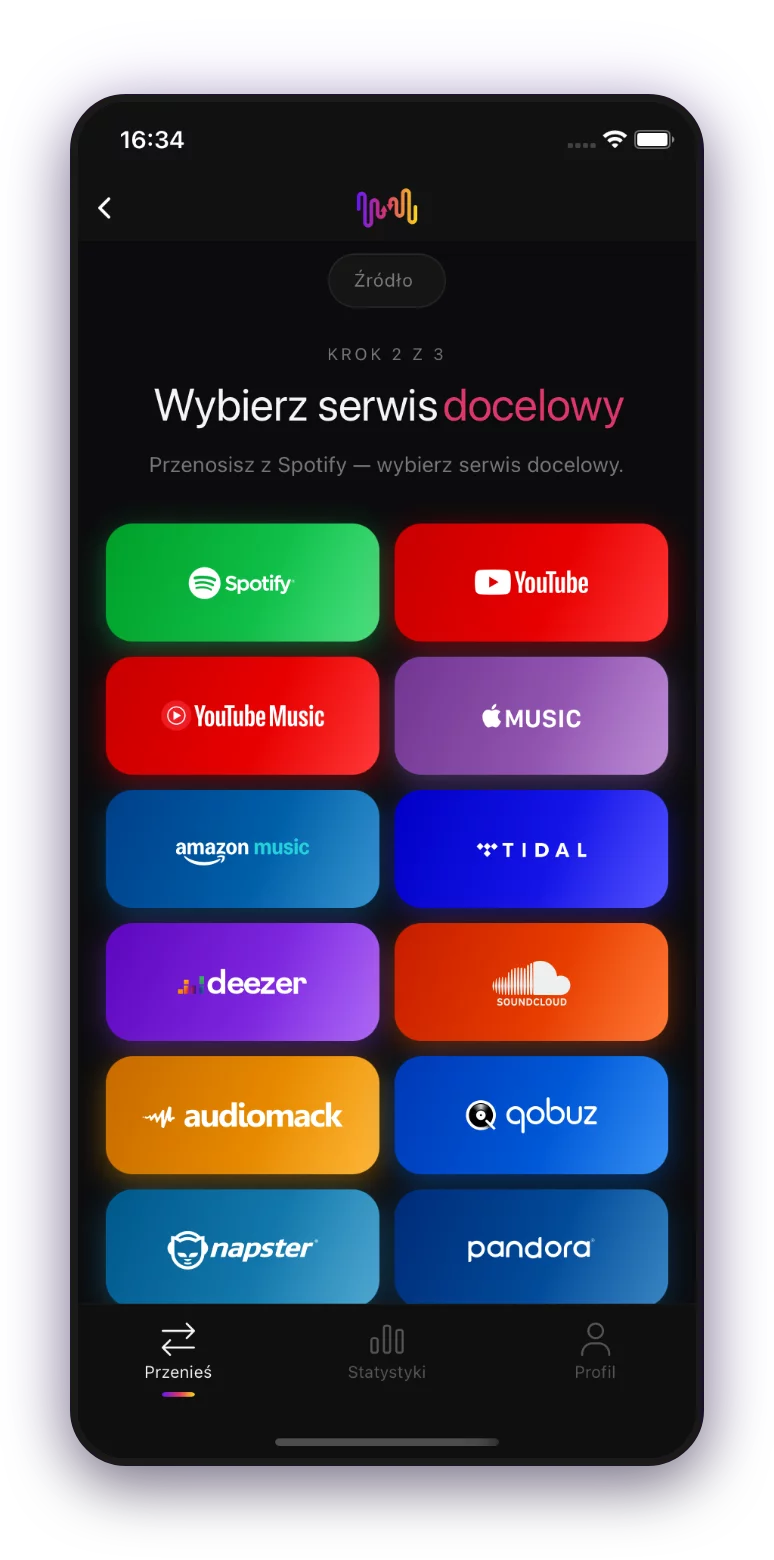 FreeYourMusic mobile — wybór celu