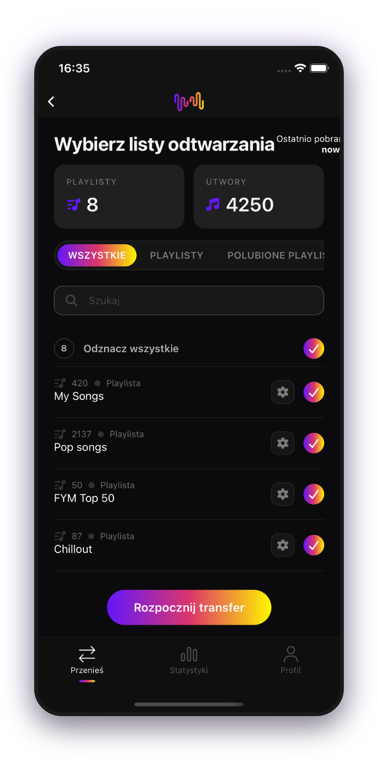 FreeYourMusic mobile — wybór playlist