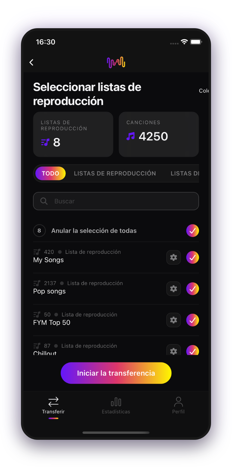 FreeYourMusic móvil — seleccionar listas de reproducción