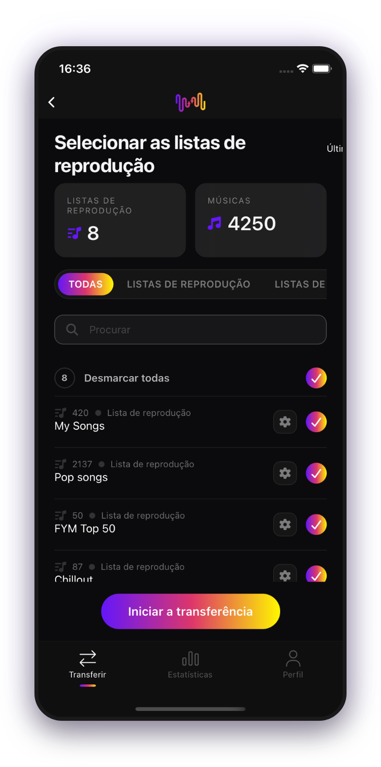 FreeYourMusic móvel — selecionar playlists