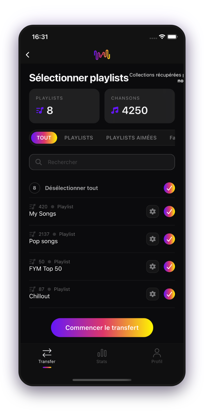 FreeYourMusic mobile — sélection des listes de lecture