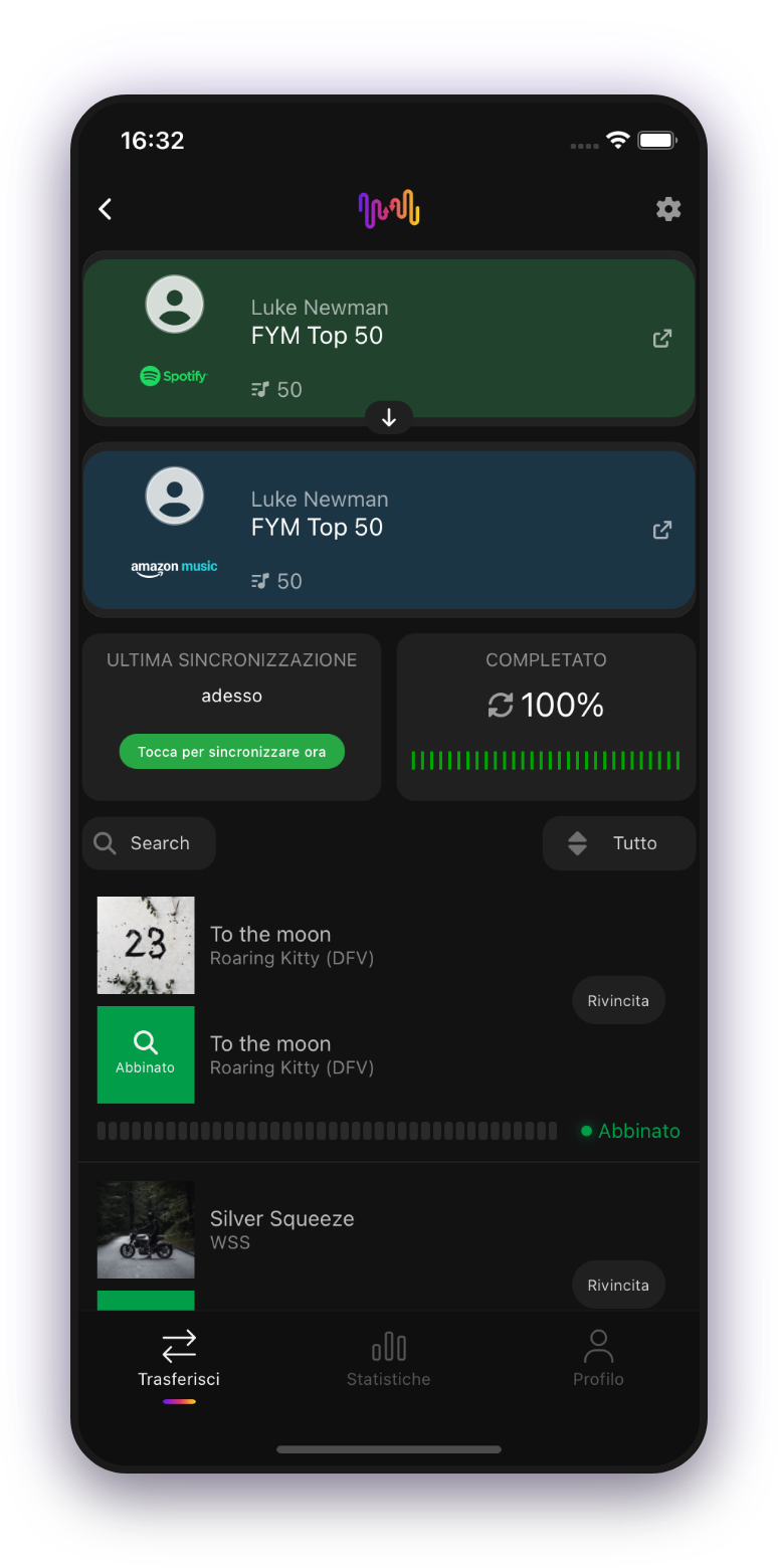 App mobile FreeYourMusic — avanzamento del trasferimento