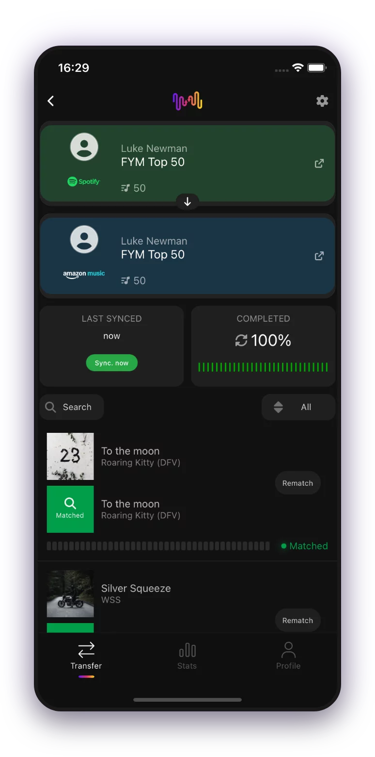 FreeYourMusic mobile app — transfer progress