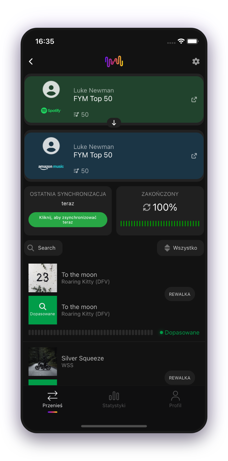 Aplikacja mobilna FreeYourMusic — postęp transferu