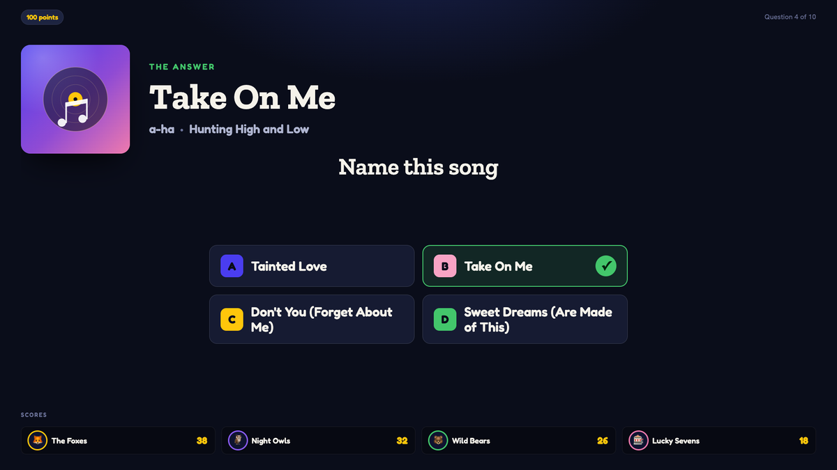 A revelação no telão: "The answer - Take On Me" do a-ha, do álbum Hunting High and Low, com a opção correta marcada em verde e os três títulos errados escurecidos.